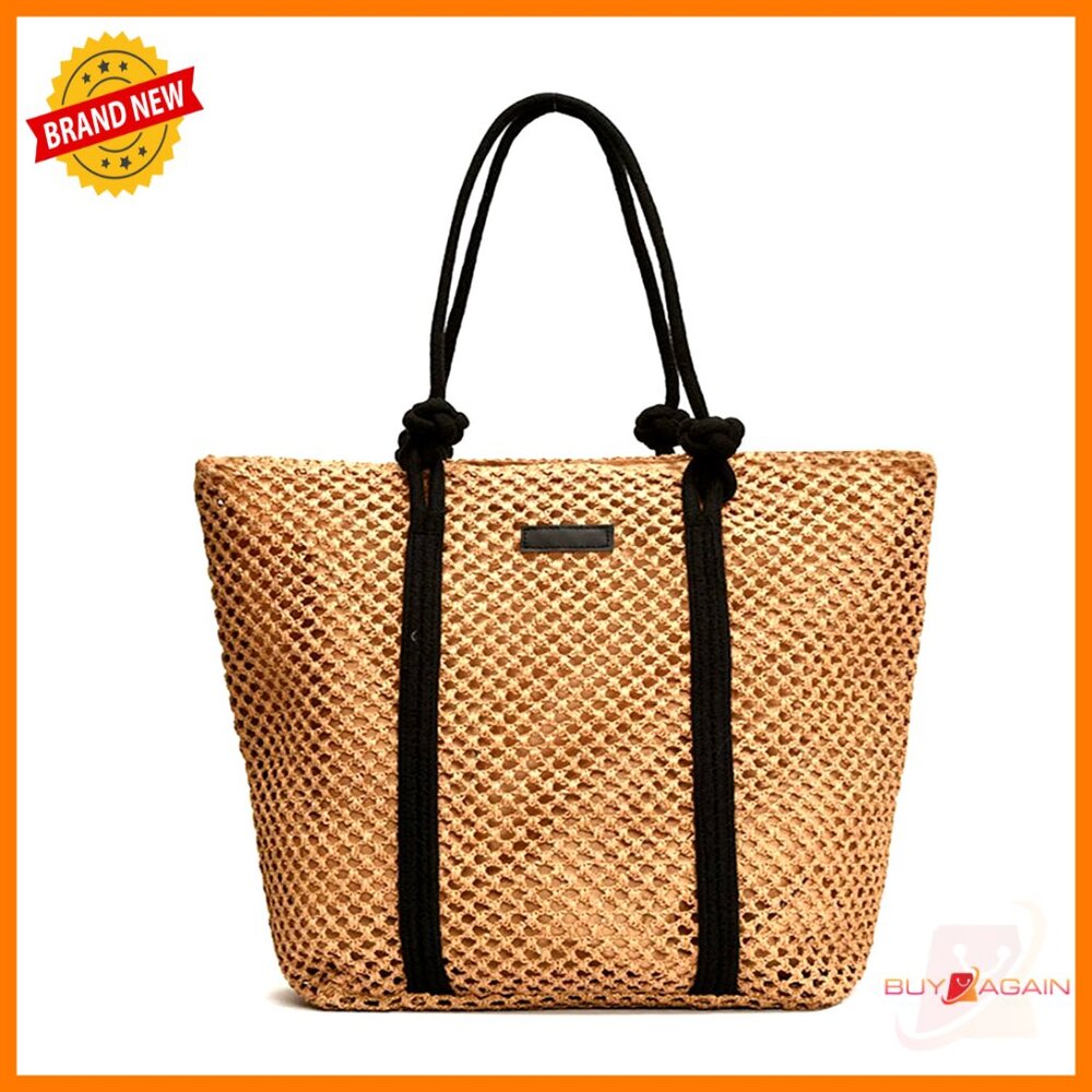 Large Straw Tote Bag With Leak-Proof Lining For Beach Travel